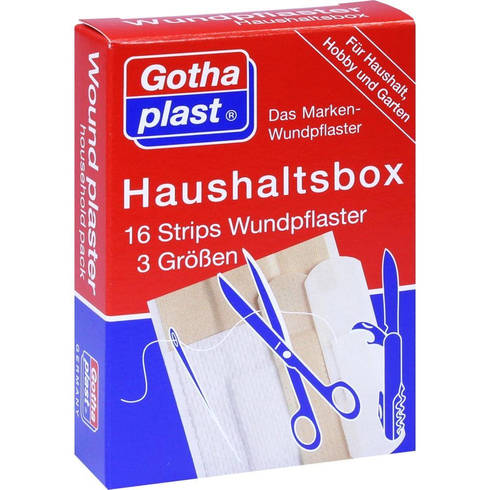 Rote Verpackung für Pflaster mit Schere, Nadel und Taschenmesser als Symbole.