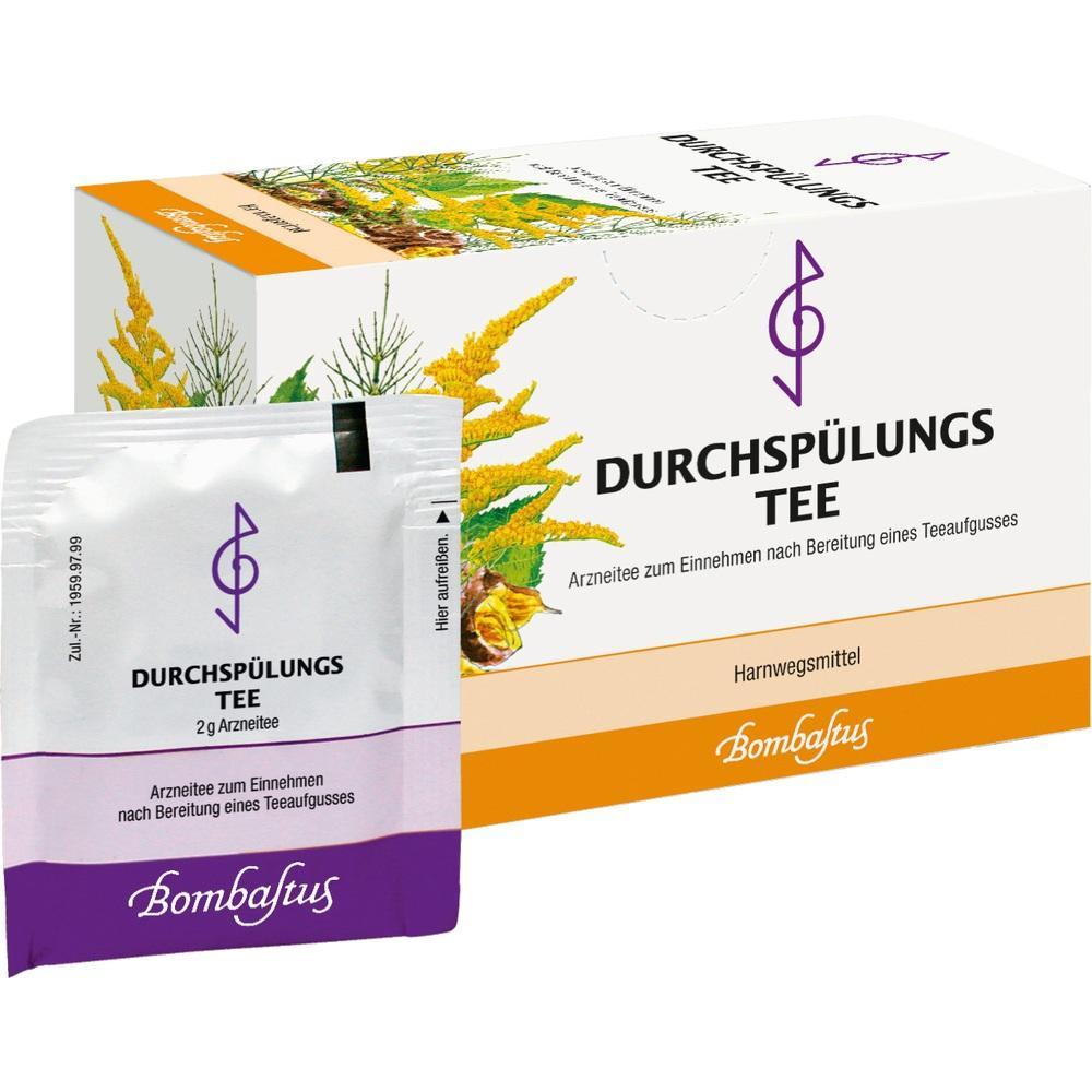 Eine Packung und ein Beutel mit Durchspülungstee als Arzneitee für die Harnwege.