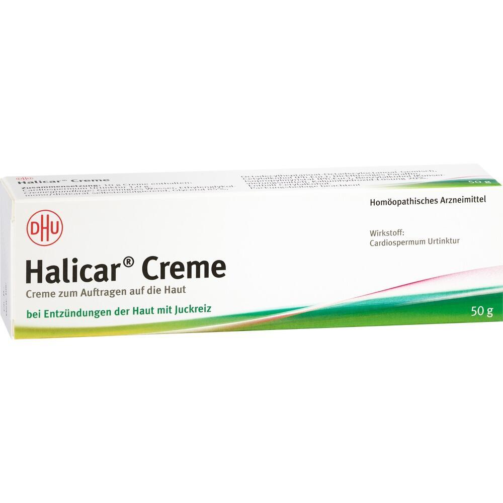 Eine weiße Schachtel mit Halicar Creme gegen Hautentzündung und Juckreiz.