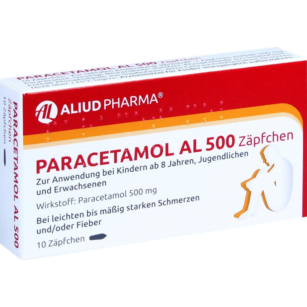Packung Paracetamol AL 500 Zäpfchen für Kinder und Erwachsene bei Schmerzen und Fieber.