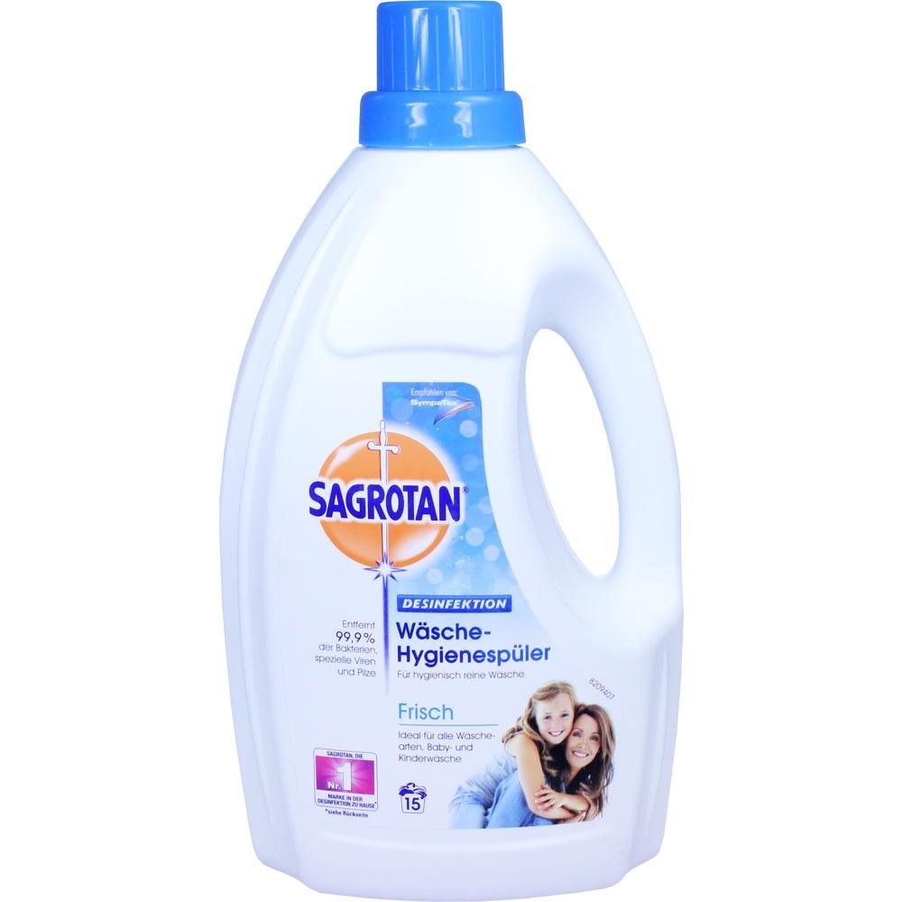 Weiße Flasche Sagrotan Hygiene-Wäschespüler mit blauem Deckel.