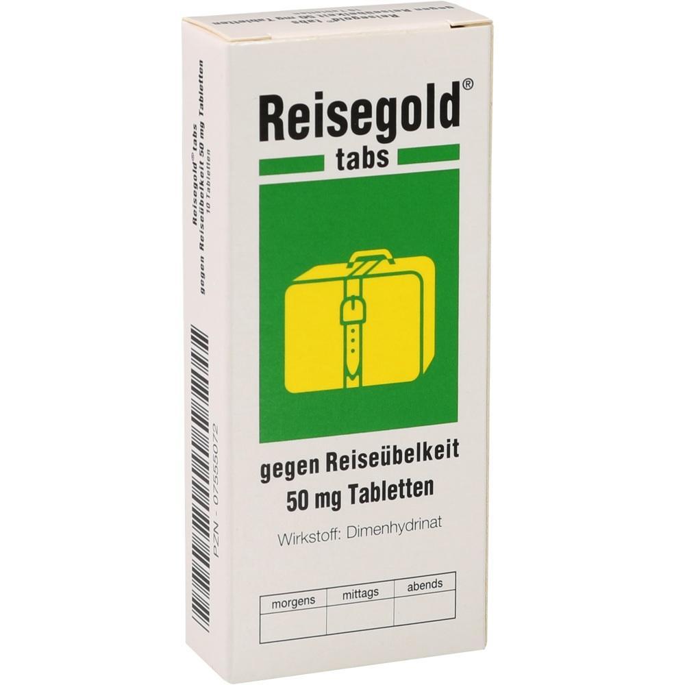 Eine Packung Tabletten gegen Reiseübelkeit mit einem gelben Kofferbild.