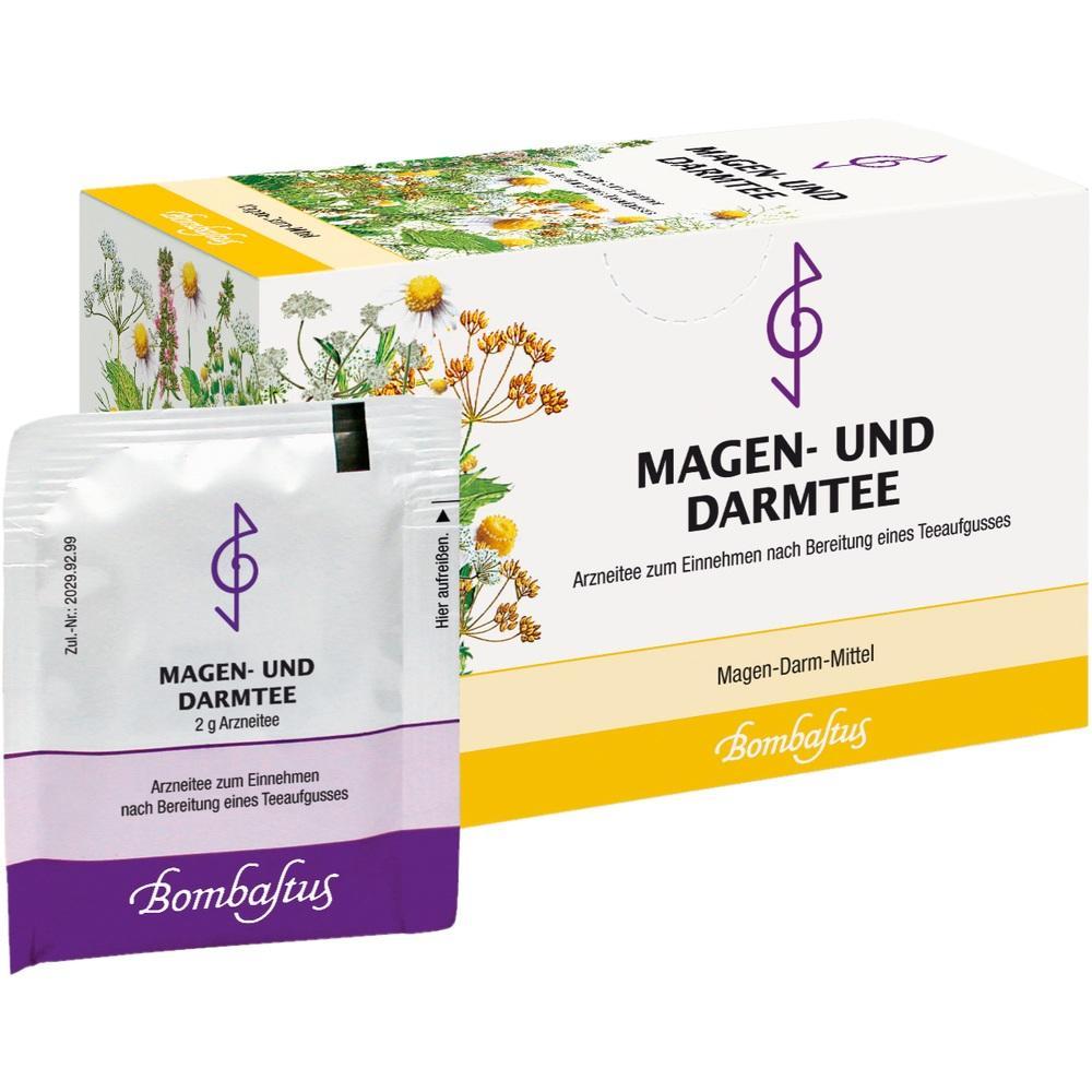 Verpackung und Teebeutel von Magen- und Darmtee für die Verdauung.