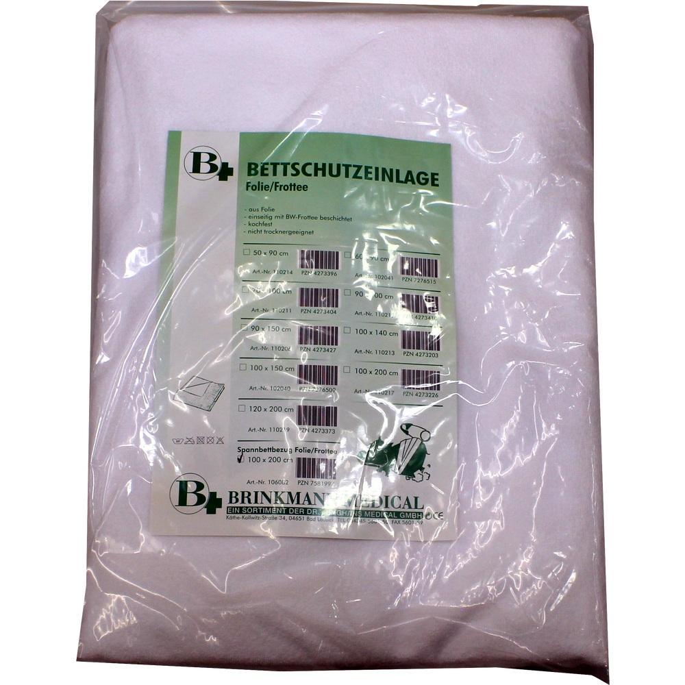 Eine verpackte Bettschutzauflage aus Folie und Frottee, etikettiert mit Produktdetails.