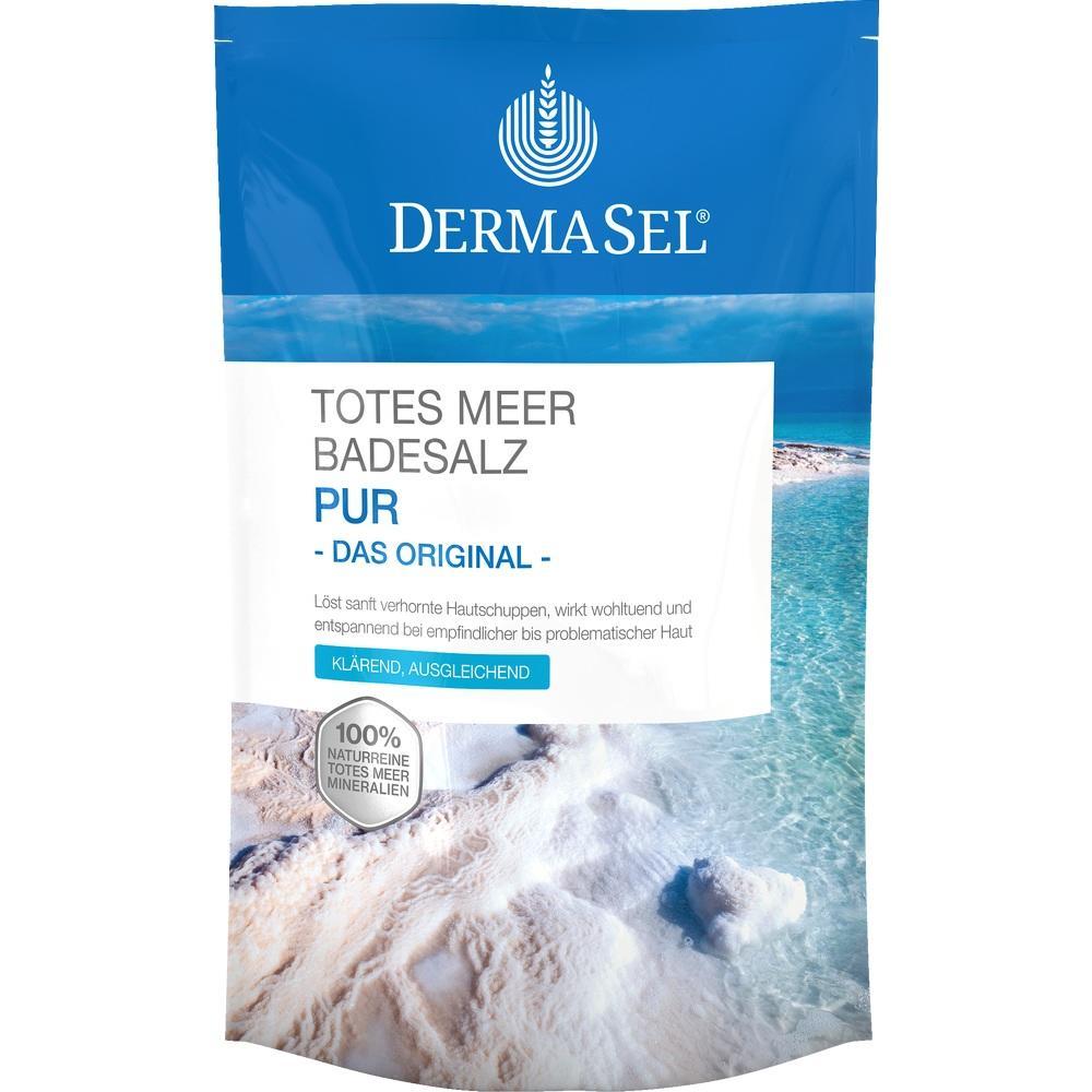 Eine Packung mit Totes Meer Badesalz von der Marke DermaSel.