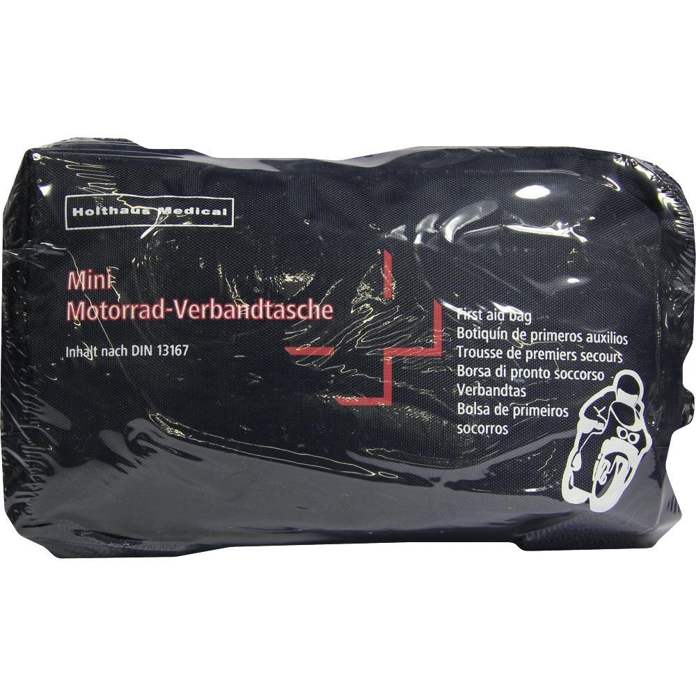 Schwarze Motorrad-Verbandtasche mit rotem Kreuz und Schriftzug.