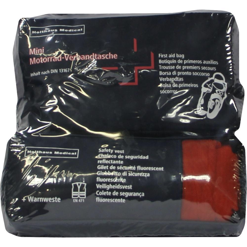 Schwarze Motorrad-Verbandtasche mit rotem Kreuz und Text in mehreren Sprachen.