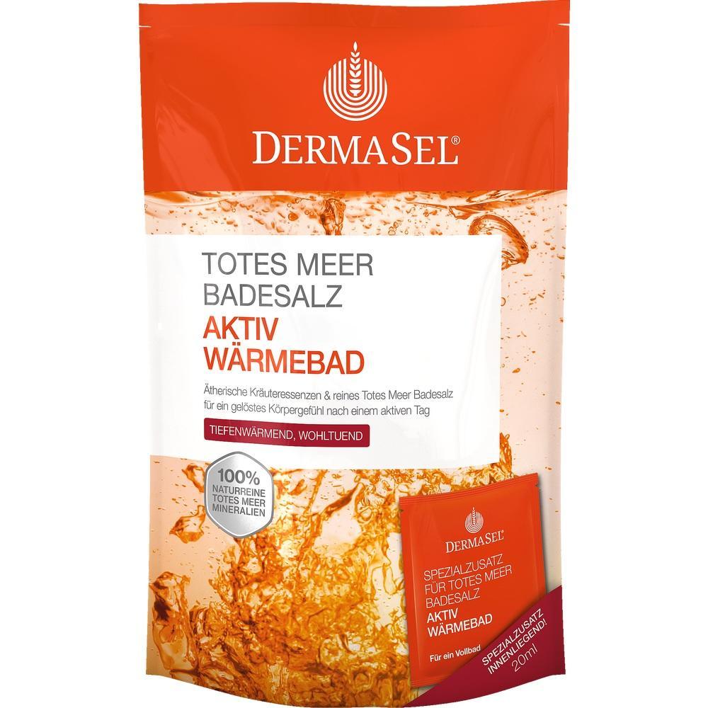 Beutel mit "Totes Meer Badesalz Aktiv W&auml;rmebad" von DermaSel, Artikel in Orange und Wei&szlig;.