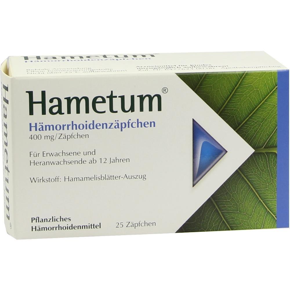 Packung von Hametum Hämorrhoidenzäpfchen, pflanzliches Heilmittel.