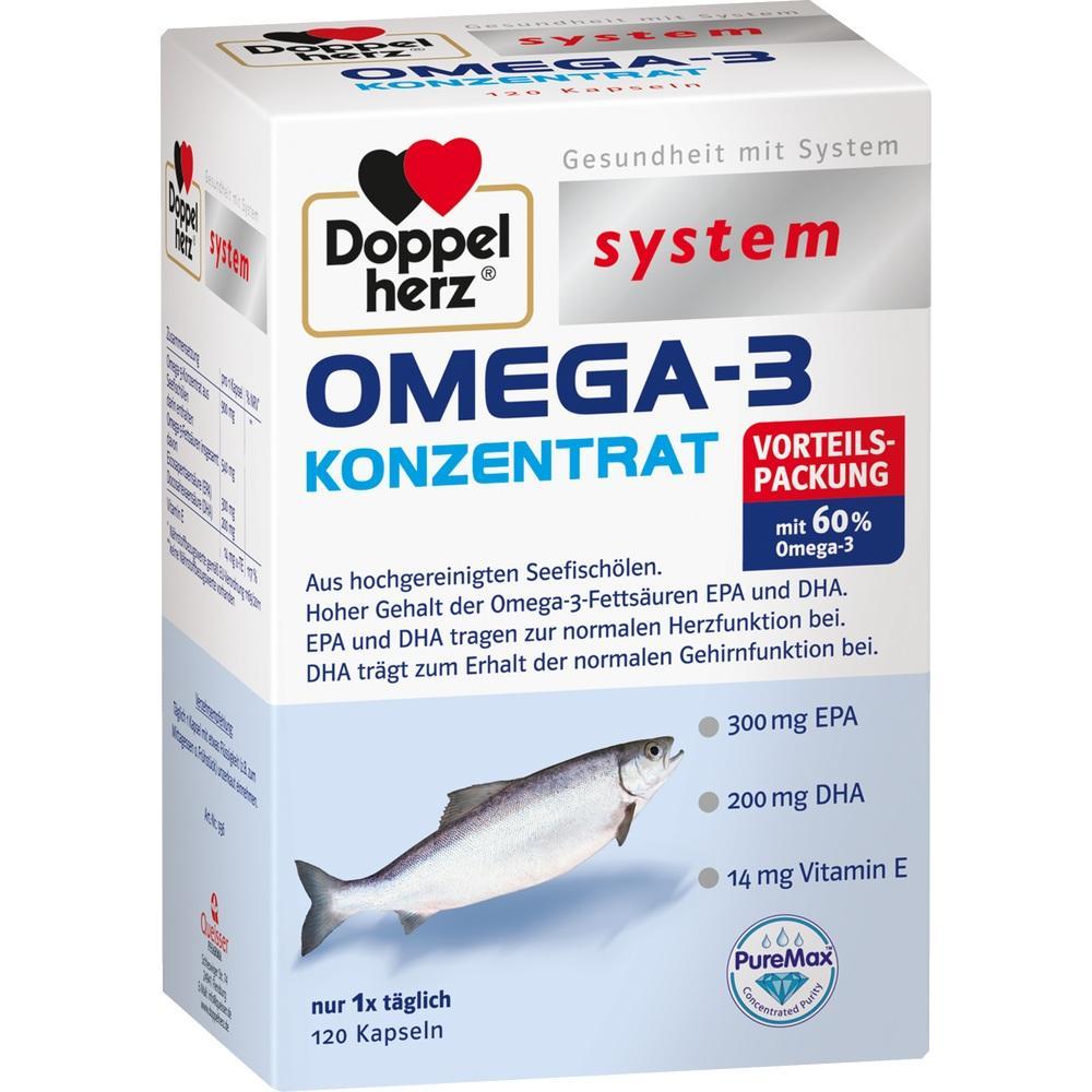 Eine Packung Omega-3-Konzentrats mit Fischabbildung.
