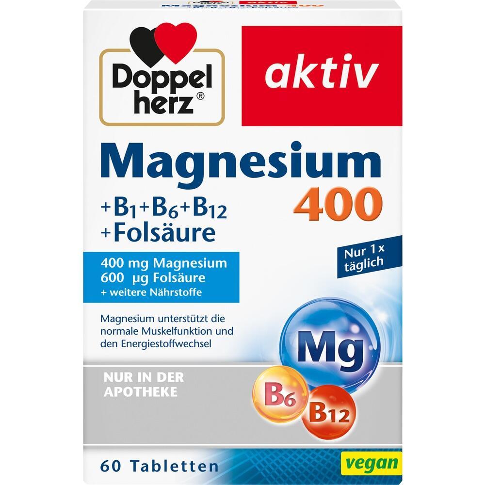 Verpackung von Doppelherz Magnesium 400 Tabletten mit B-Vitaminen und Fols&auml;ure.