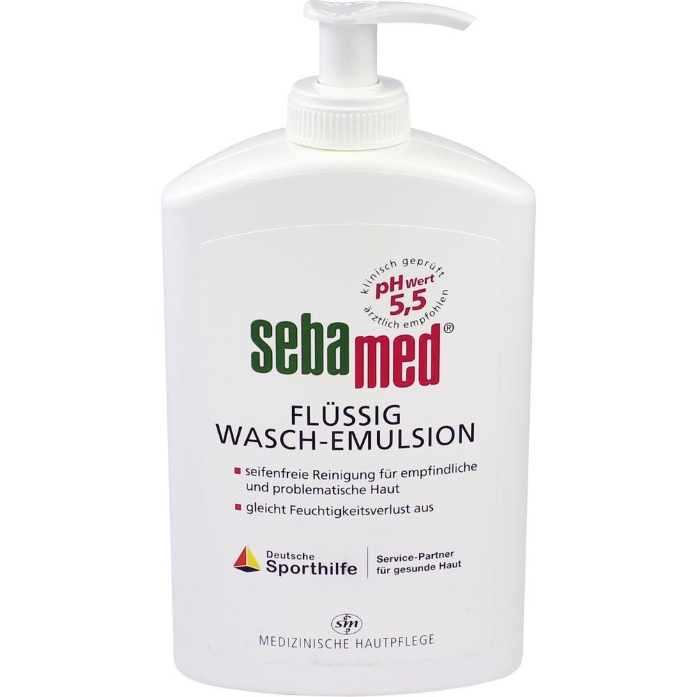Weiße Flasche mit Pumpspender für flüssige Wasch-Emulsion.