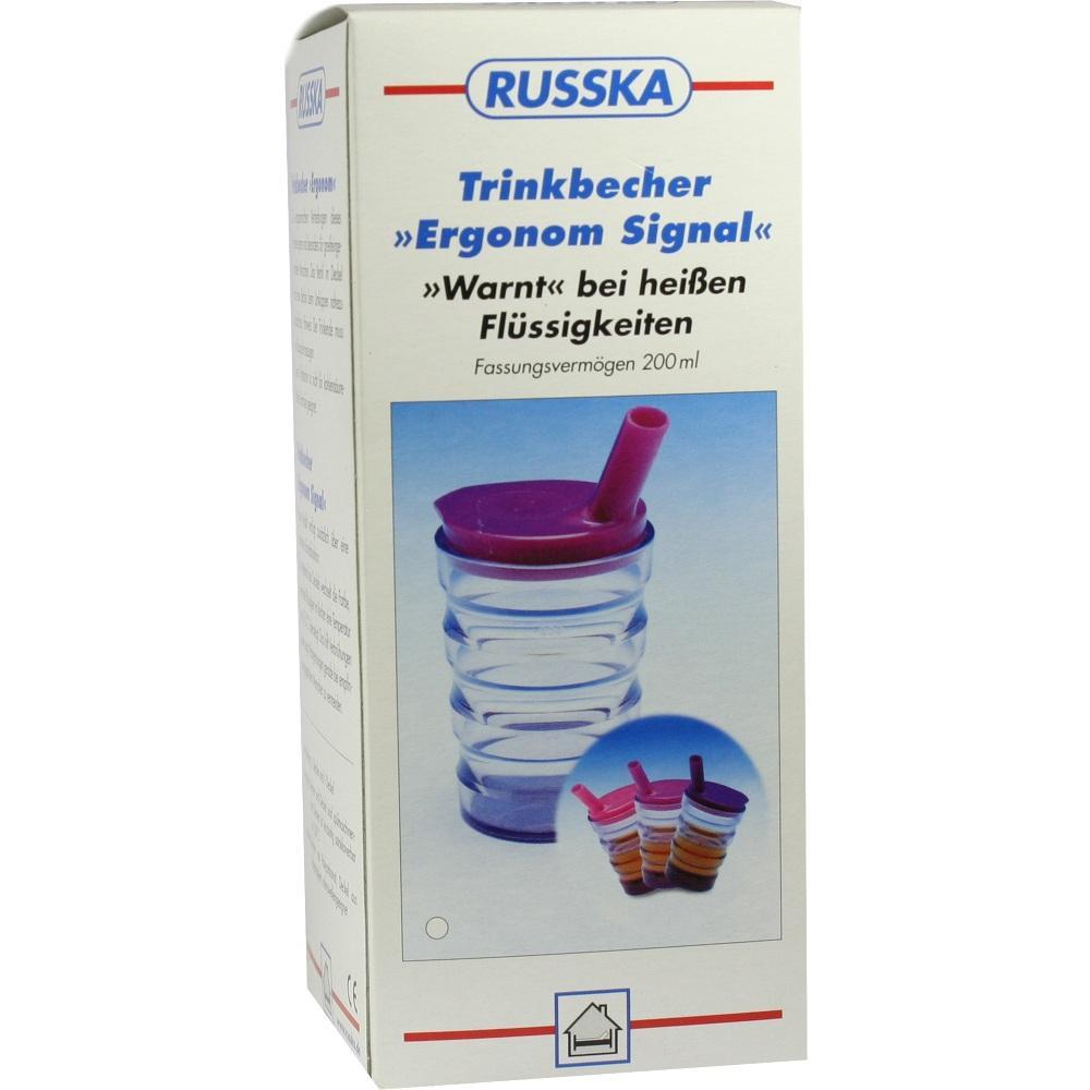 Verpackung eines Trinkbechers, der bei heißen Flüssigkeiten warnt, mit pinkem Deckel und Strohhalm.