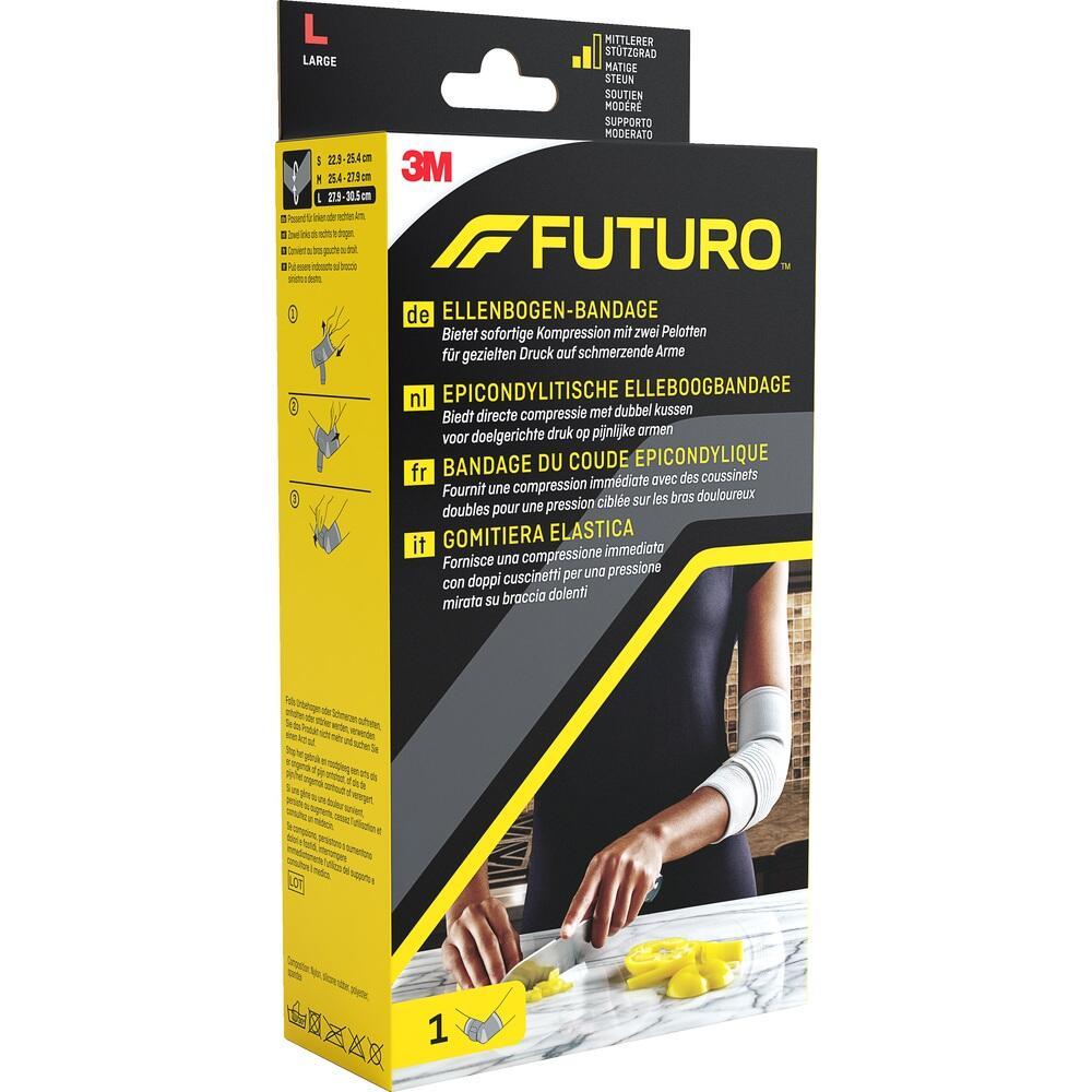 Eine Verpackung für eine Ellenbogen-Bandage von Futuro in Größe L.