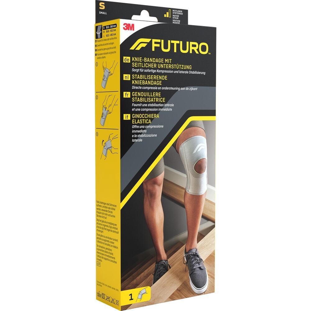 Gelbe Verpackung mit Bild einer Kniebandage an einem Bein auf einer Treppe.