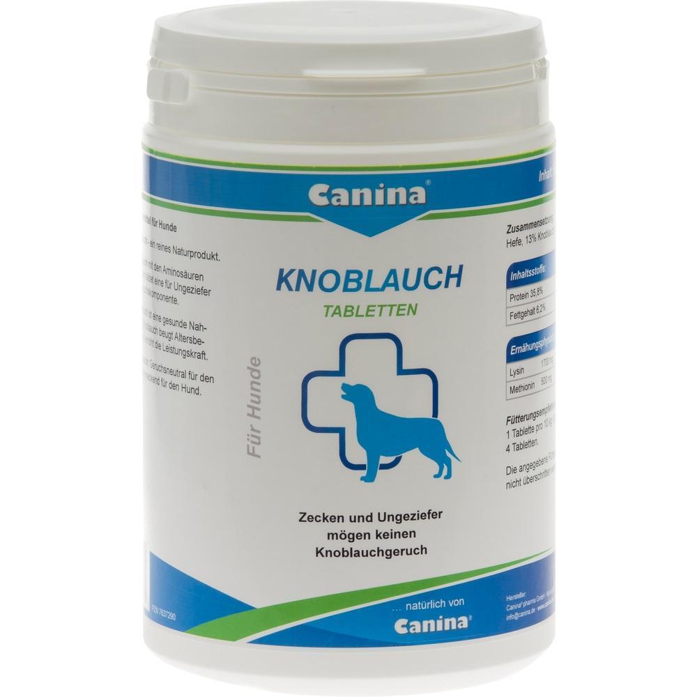 Wei&szlig;e Dose mit Knoblauch-Tabletten f&uuml;r Hunde gegen Zecken und Ungeziefer.