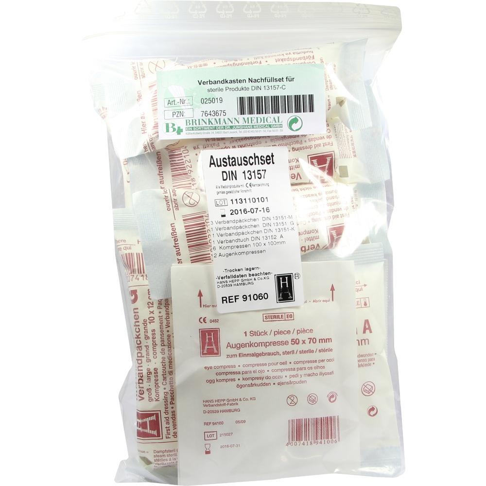 Ein Nachfüllset für einen Erste-Hilfe-Kasten in einer durchsichtigen Verpackung.
