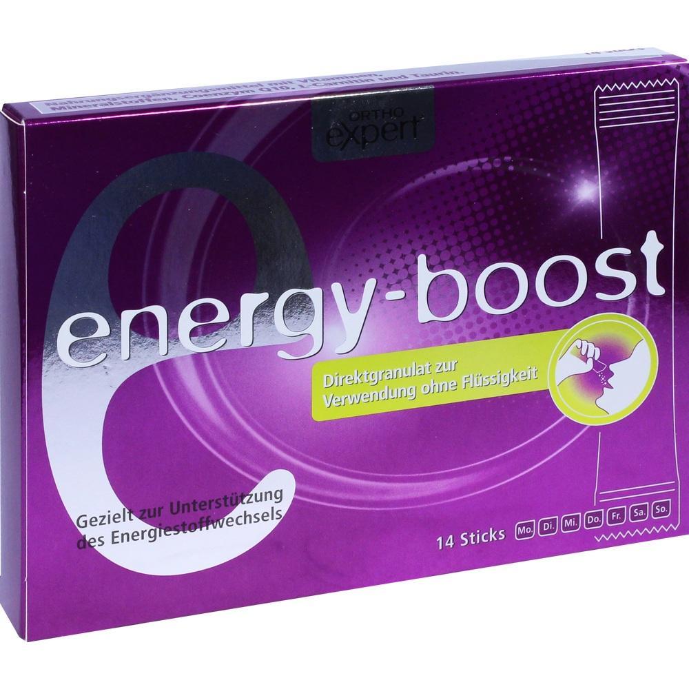 Lila Verpackung mit Aufschrift "energy-boost" und Anwendungshinweis.