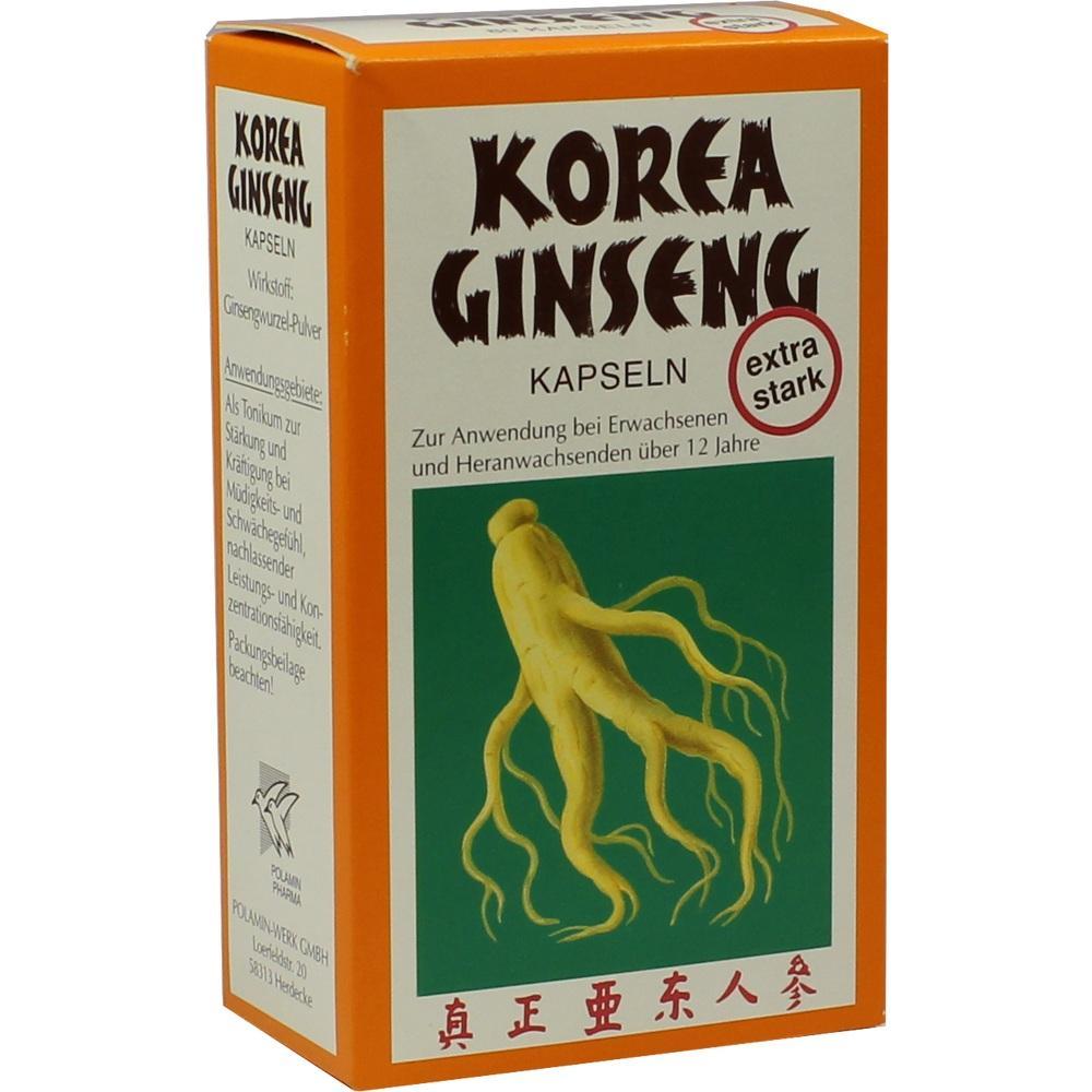 Orange Schachtel mit Korea Ginseng Kapseln und einem Ginsengwurzel-Bild.