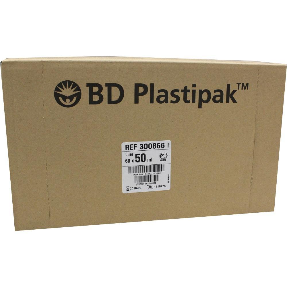 Ein brauner Pappkarton mit der Aufschrift "BD Plastipak" und einem Etikett.