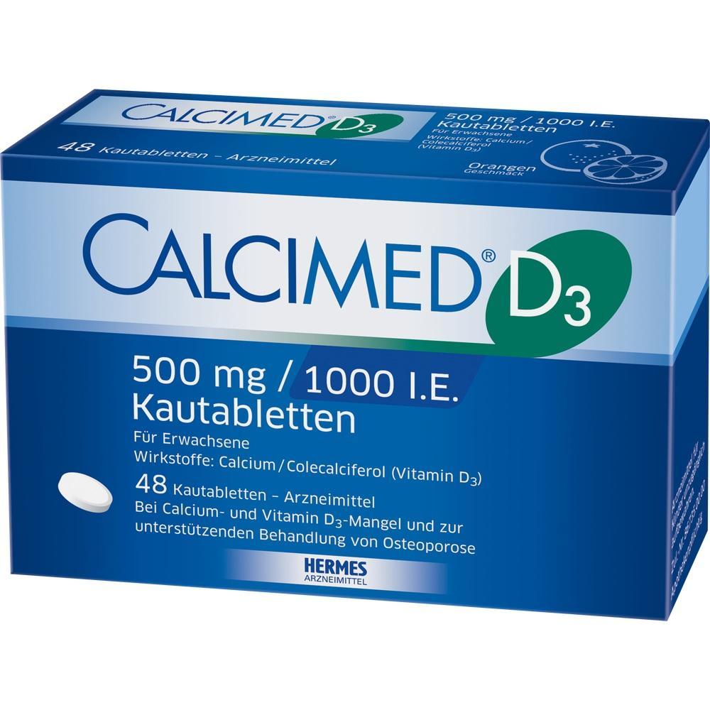 Blaue Packung von Kautabletten mit Calcium und Vitamin D3 zur Unterstützung bei Osteoporose.