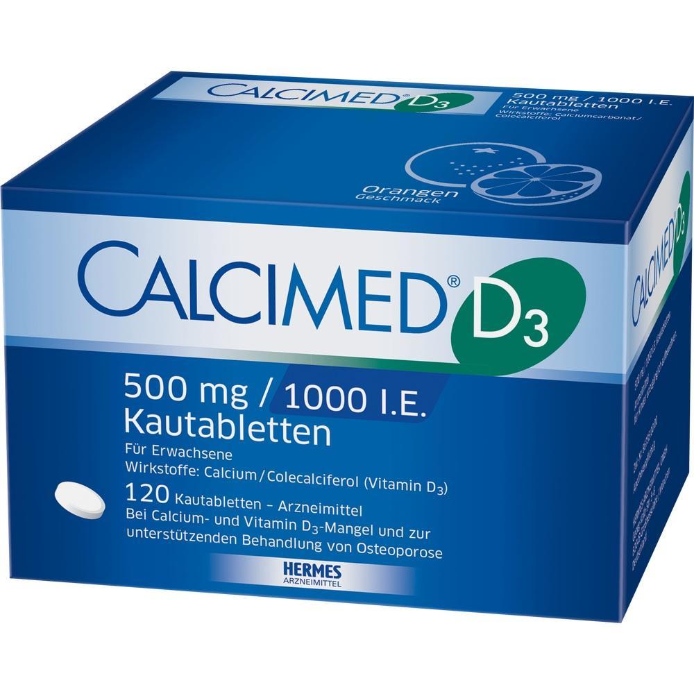Blaue Packung mit Kautabletten, Vitalstoff Calcium und Vitamin D3, Orangengeschmack.