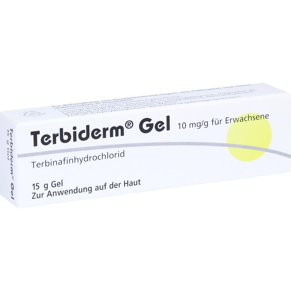 Wei&szlig;e Verpackung von Terbiderm Gel zur Anwendung auf der Haut.