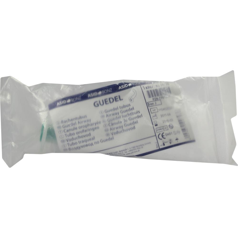 Verpacktes medizinisches Ger&auml;t, mit der Aufschrift "Guedel Tubus", auf wei&szlig;em Hintergrund.