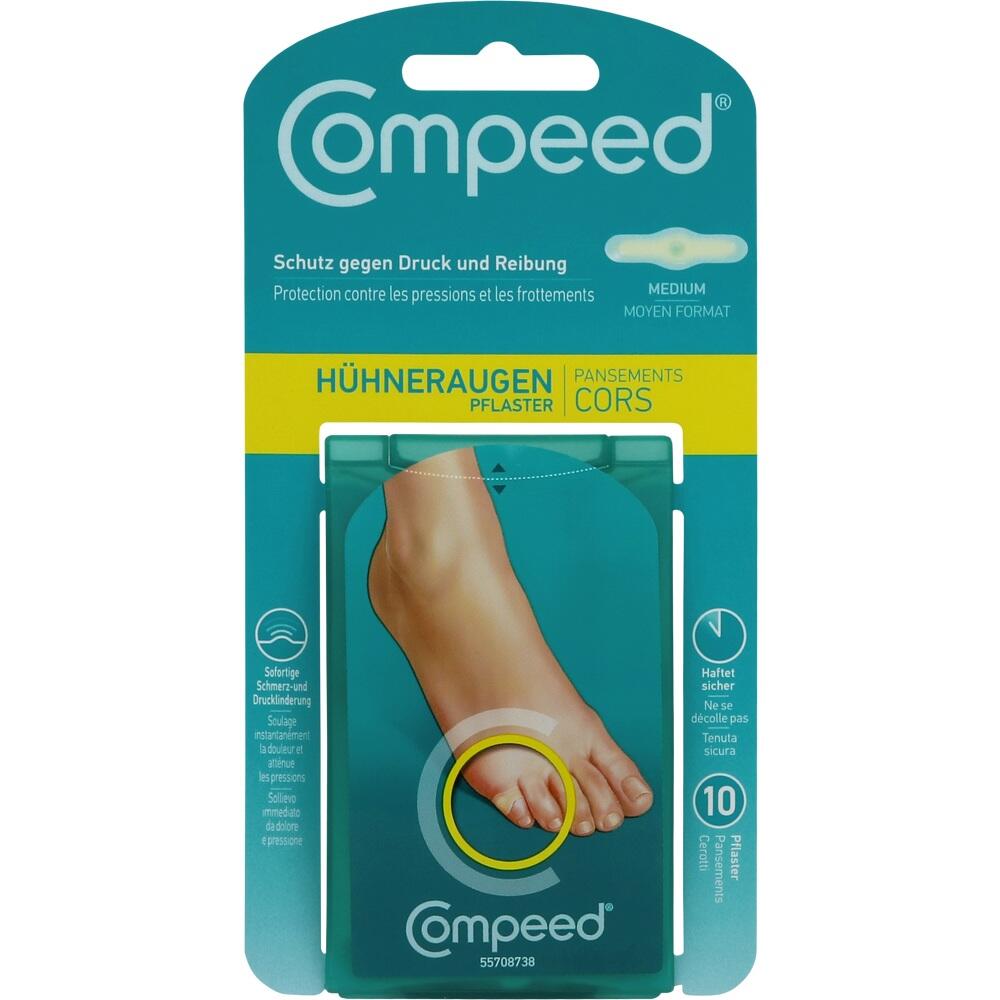 Verpackung von Hühneraugen-Pflaster der Marke Compeed mit Abbildung von einem Fuß.