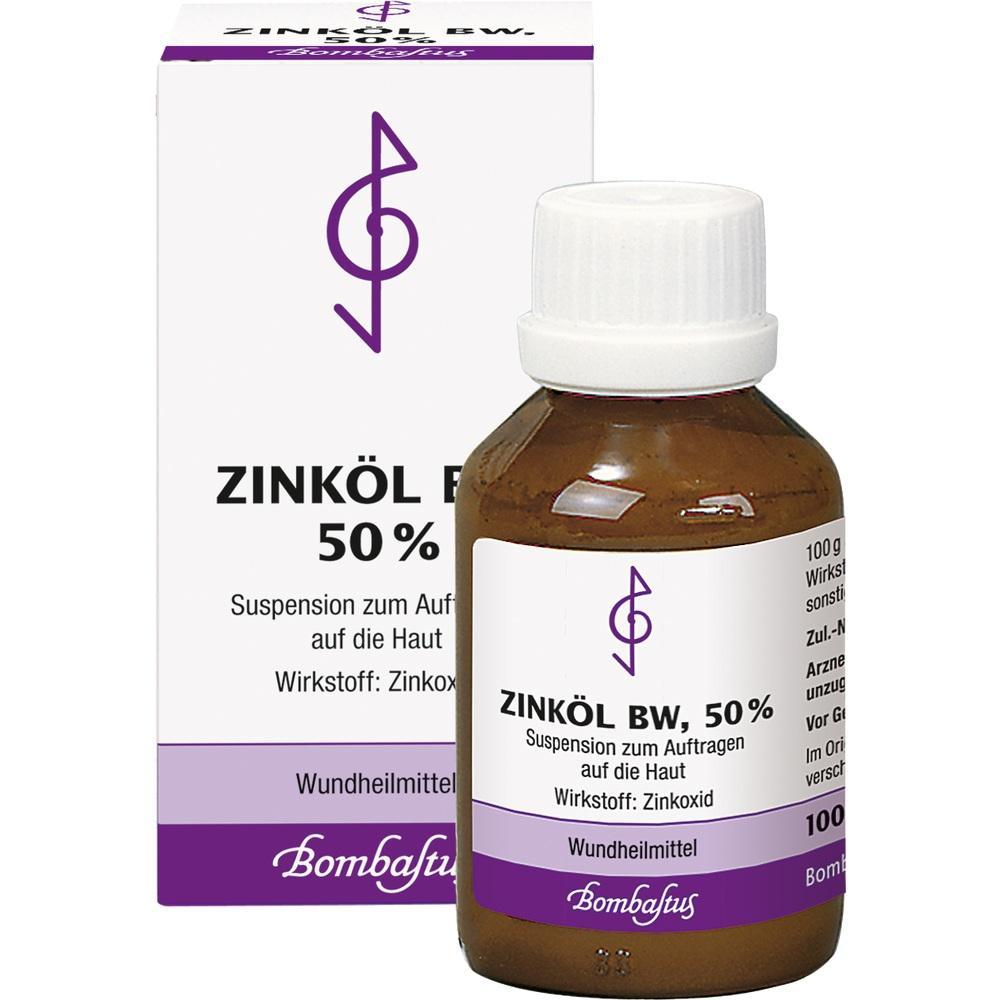 Braune Flasche mit Zinköl 50% vor passender Verpackung.