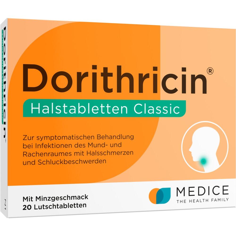 Verpackung von Dorithricin Lutschtabletten gegen Halsschmerzen, orange und grün gestaltet.