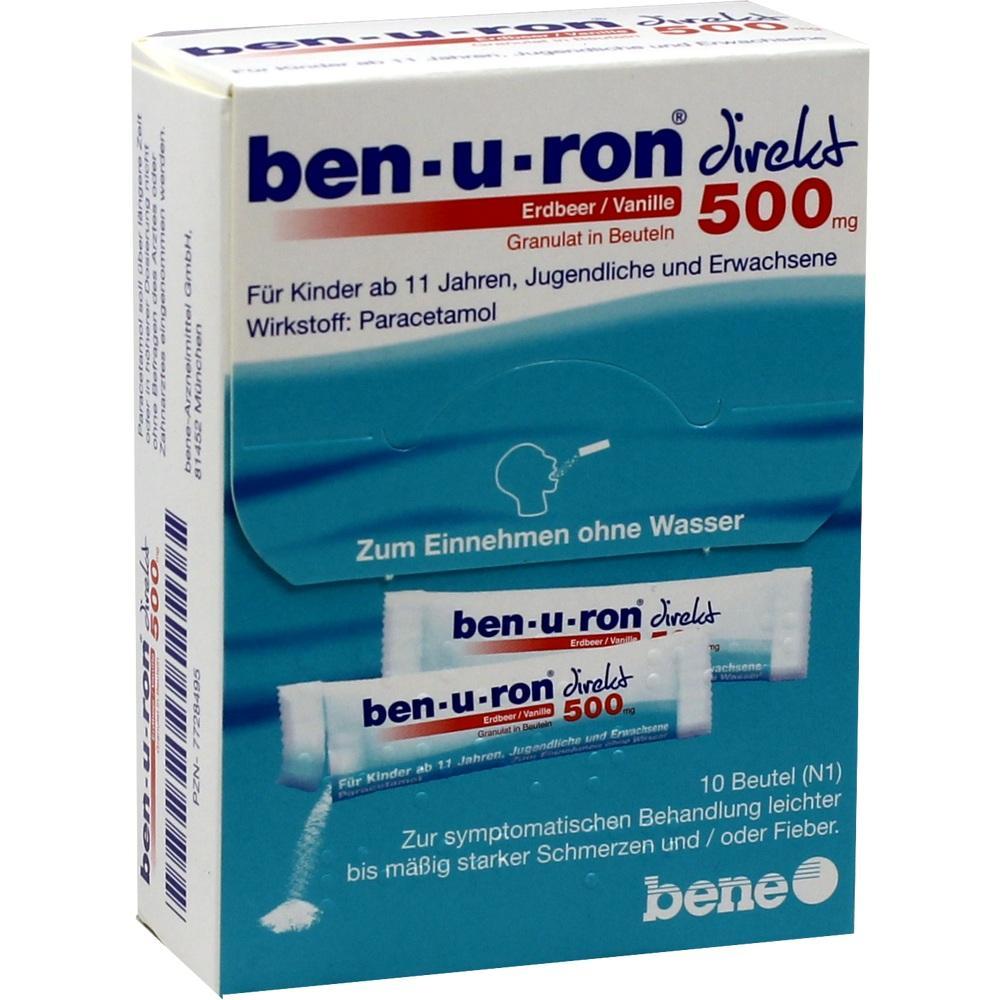 Verpackung von Ben-u-ron Pulver mit Erdbeer-Vanille-Geschmack für Kinder ab 11 Jahren.