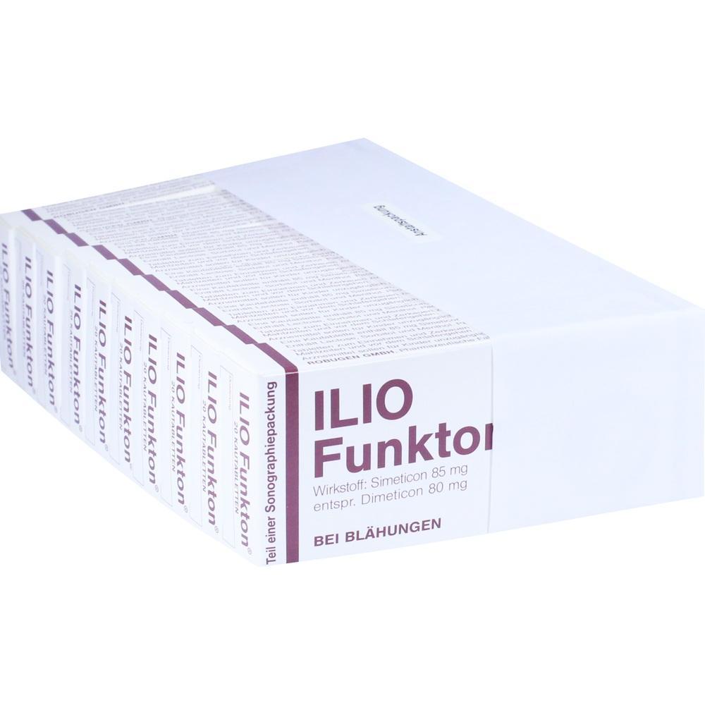Eine wei&szlig;e Medikamentenbox mit der Aufschrift "ILIO Funktion" gegen Bl&auml;hungen.