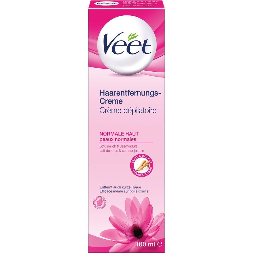 Rosa Verpackung einer Haarentfernungscreme für normale Haut mit Blume.