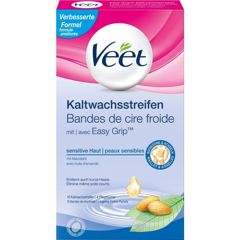 Die Verpackung zeigt Veet Kaltwachsstreifen für empfindliche Haut mit Mandelöl.
