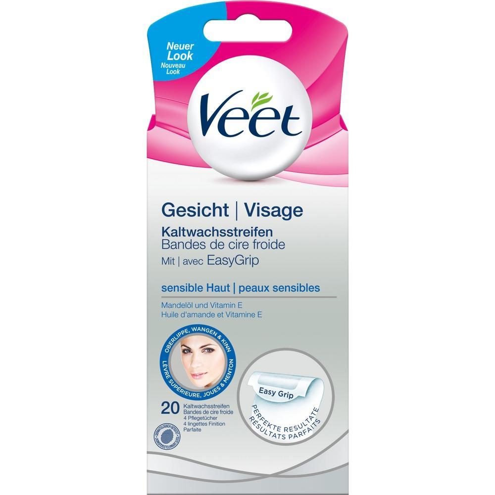 Die Verpackung zeigt Veet Kaltwachsstreifen für das Gesicht mit 20 Streifen.