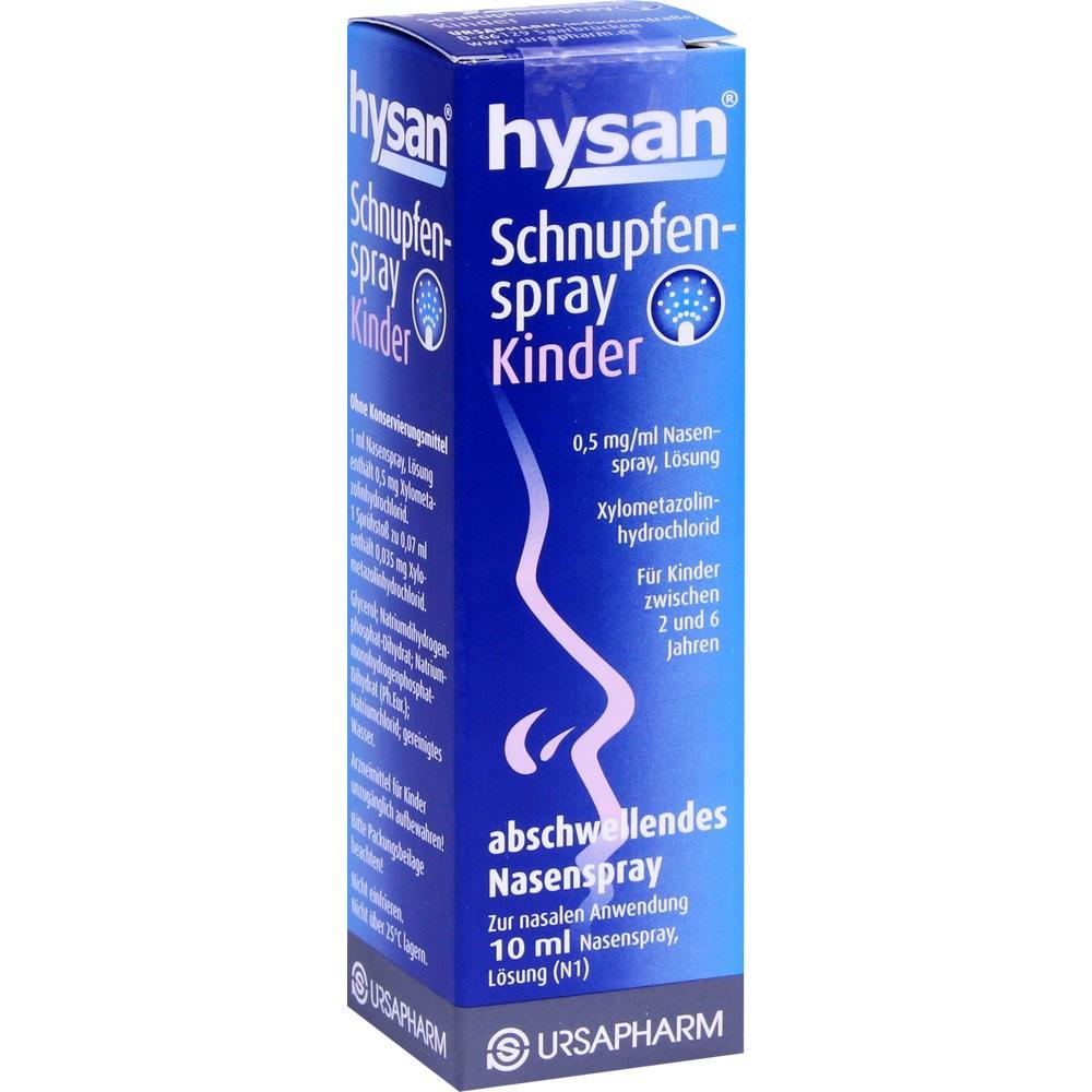 Blauer Karton mit Hysan Schnupfenspray für Kinder von 2 bis 6 Jahren.