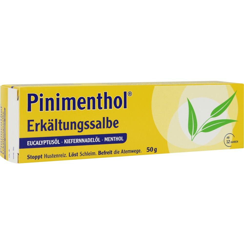 Gelbe Packung einer Erkältungssalbe mit Eukalyptus- und Mentholbestandteilen.
