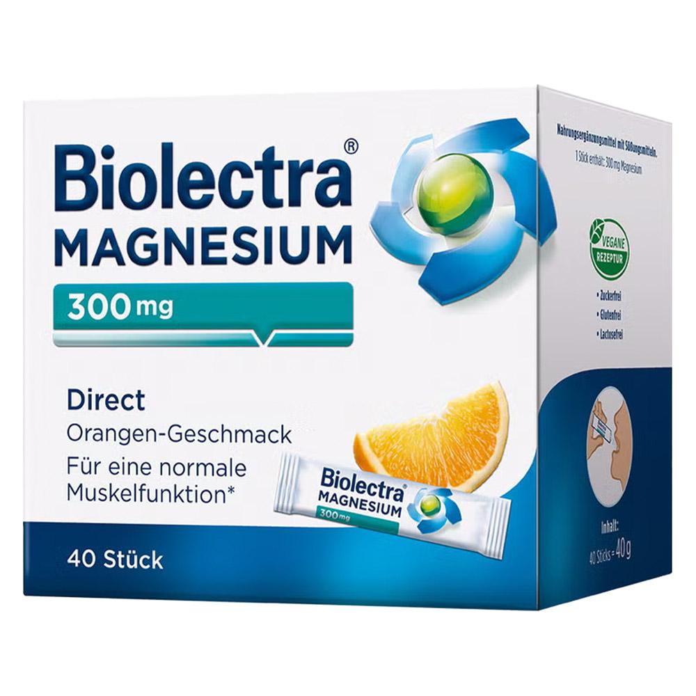 Eine Verpackung Biolectra Magnesium mit Orangengeschmack für normale Muskelfunktion.