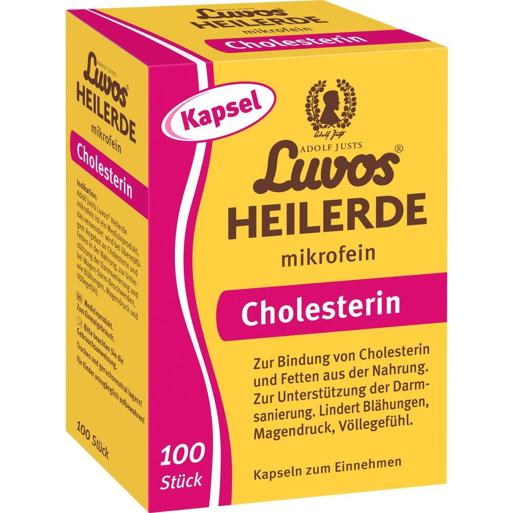 Gelbe Packung mit Kapseln für Cholesterin und Verdauung.