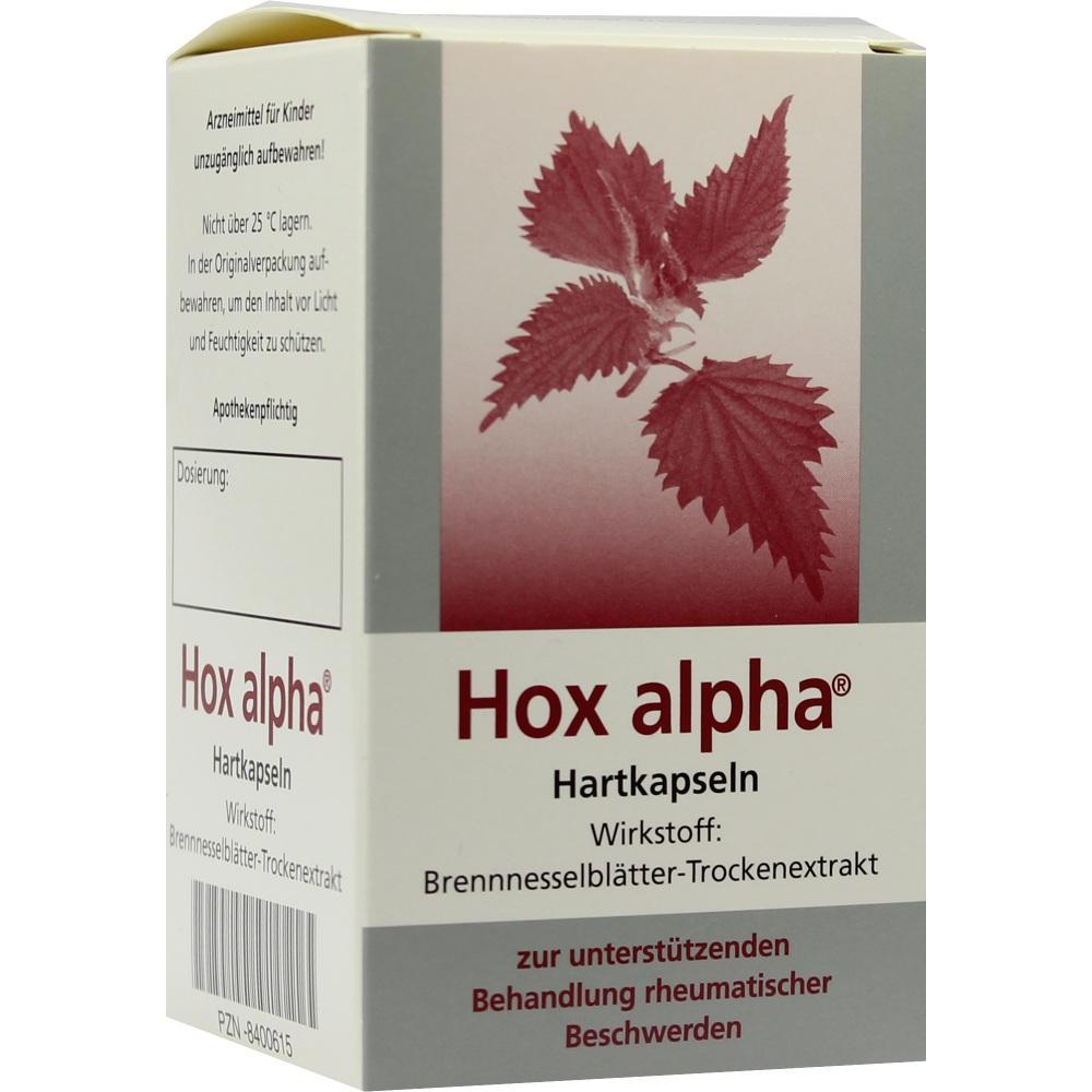 Eine Packung Hox alpha Kapseln für rheumatische Beschwerden mit Brennnesselextrakt.
