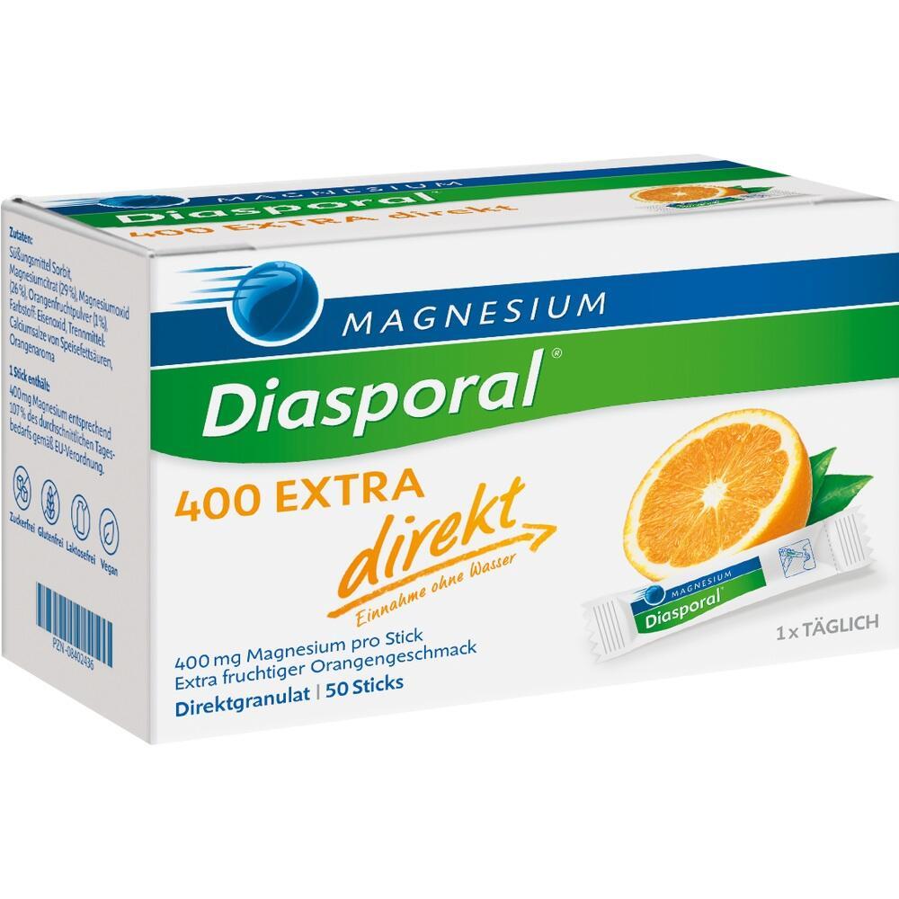 Die Verpackung zeigt Magnesium-Granulat mit Orangengeschmack f&uuml;r direkte Einnahme.