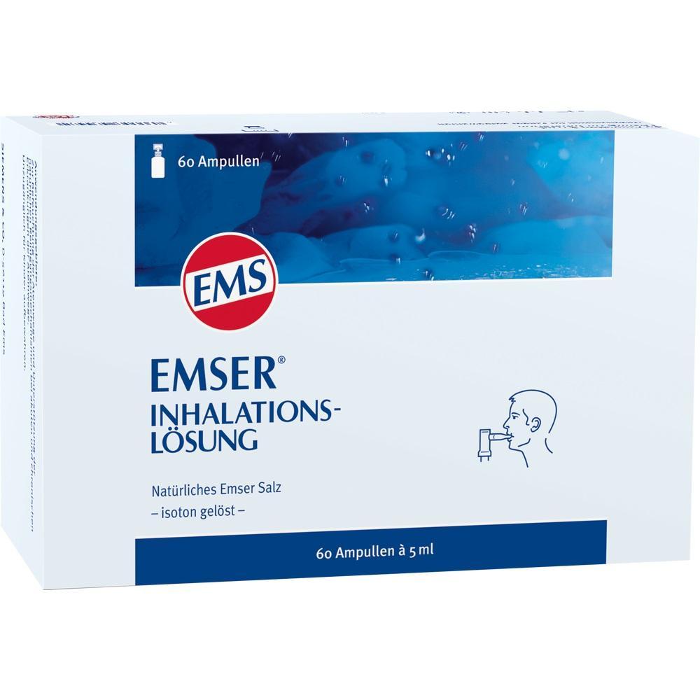 Weiße Verpackung mit der Aufschrift "Emser Inhalationslösung", zeigt eine Person mit Inhalator.