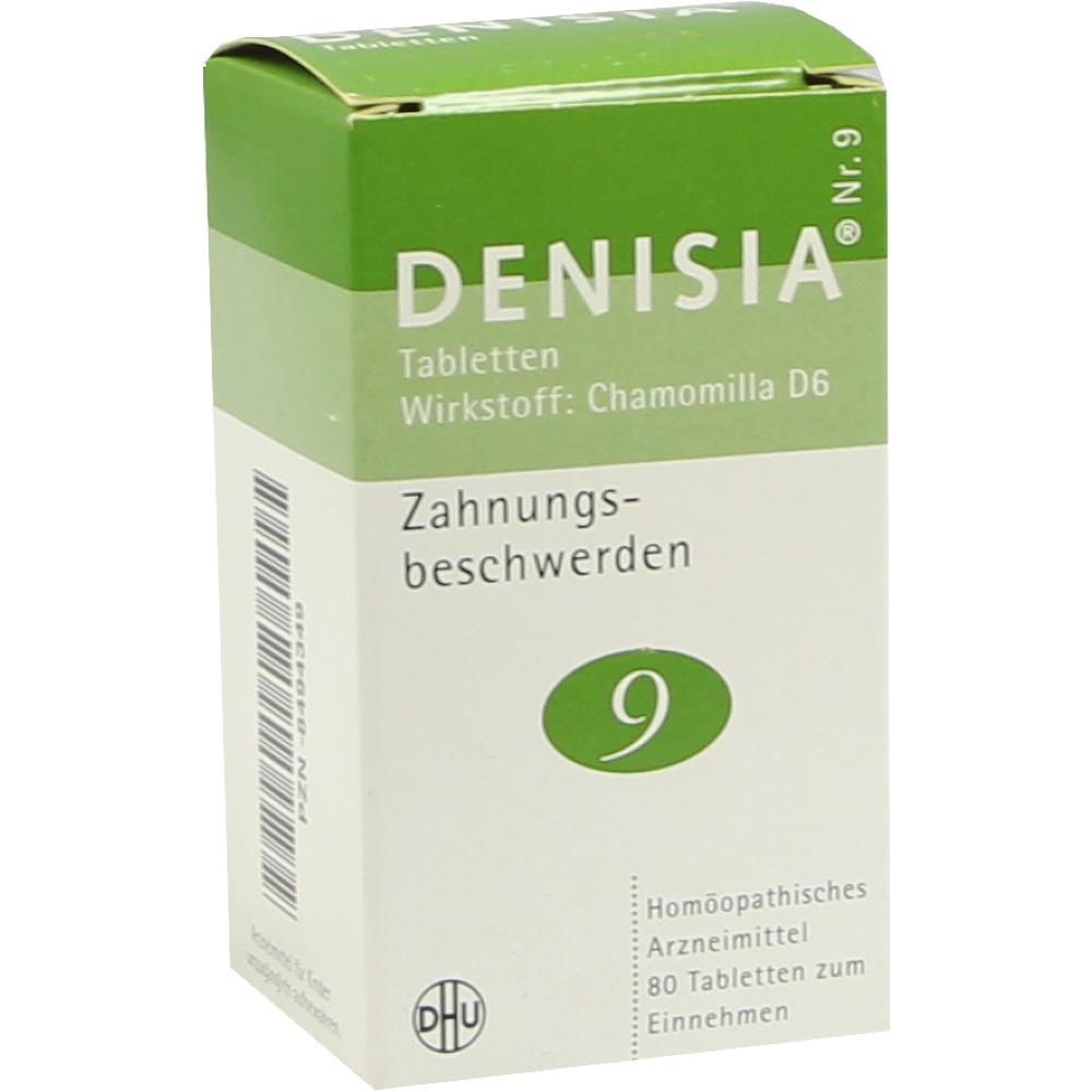Grüne und weiße Medikamentenverpackung für homöopathische Zahnungsmittel.