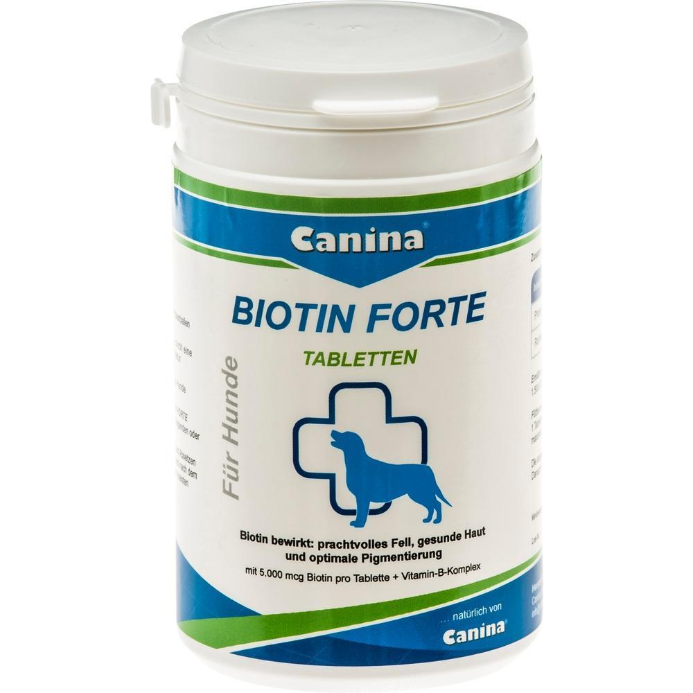 Wei&szlig;e Dose mit "Biotin Forte" Tabletten f&uuml;r Hunde.