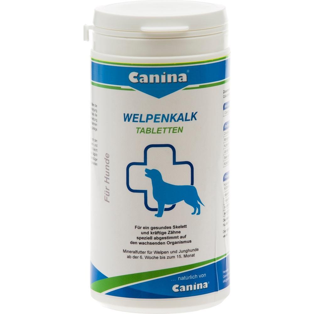 Wei&szlig;e Dose mit blauer Aufschrift "Welpenkalk Tabletten" und Hundesilhouette.