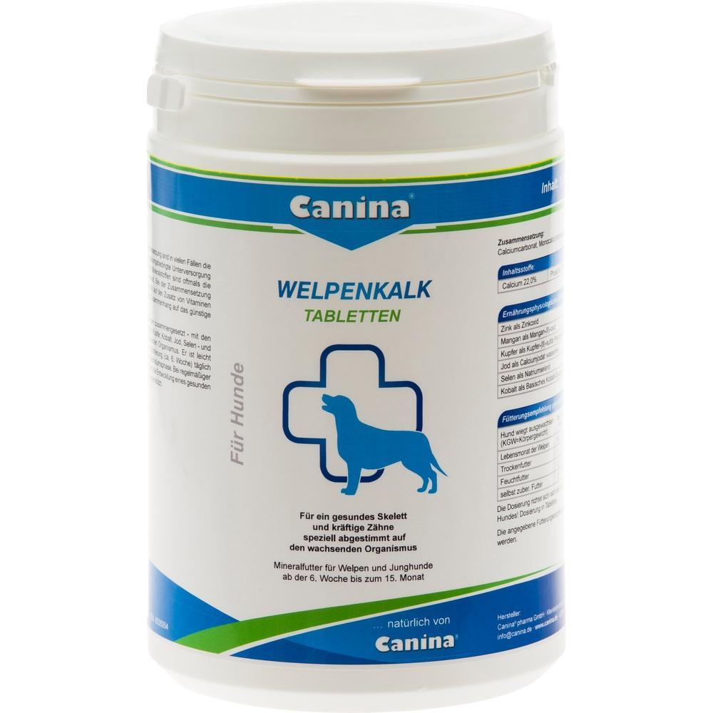 Wei&szlig;e Dose mit blauer Aufschrift: "Welpenkalk Tabletten" f&uuml;r Hunde.