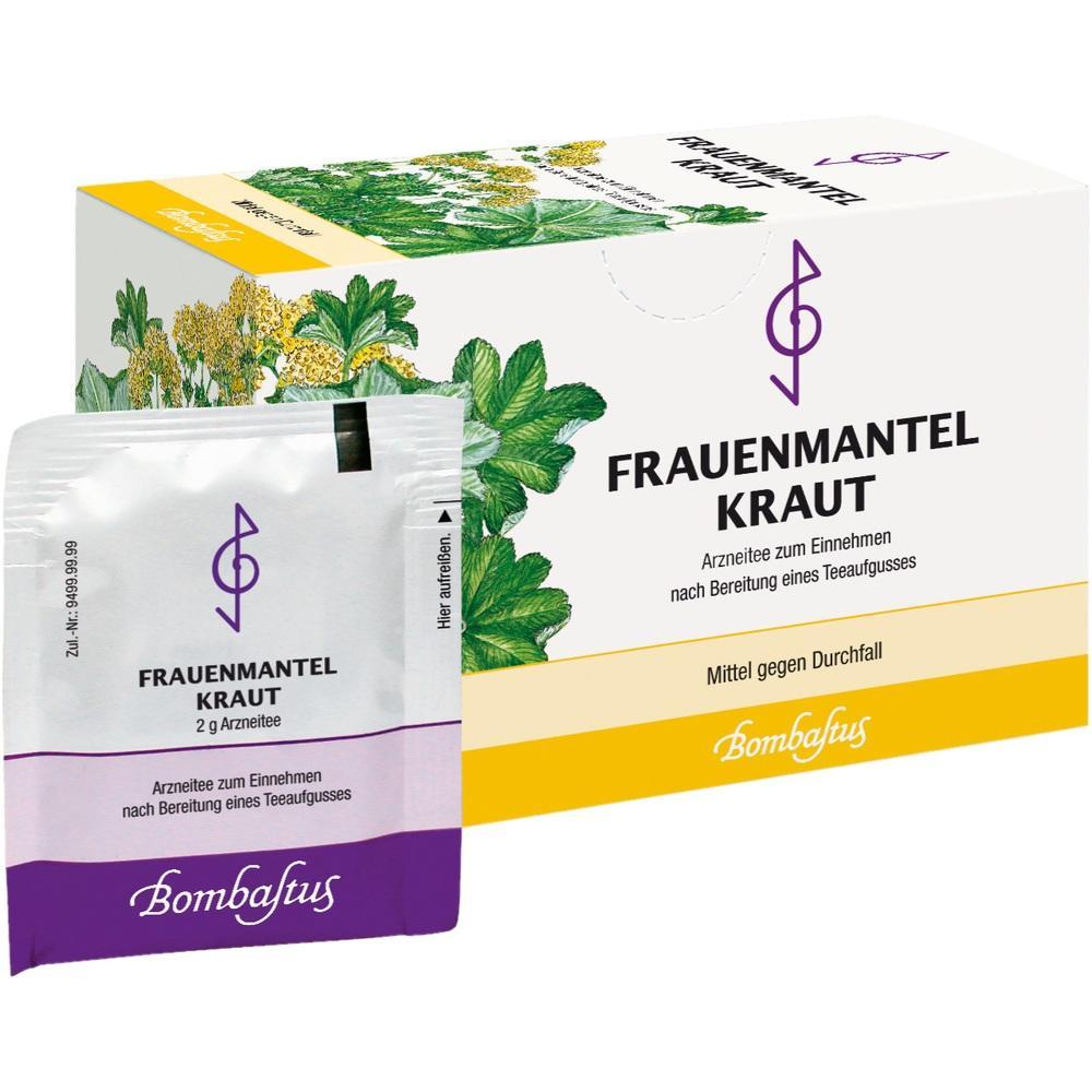 Verpackung und Beutel von Frauenmantelkraut-Tee zur Behandlung von Durchfall.