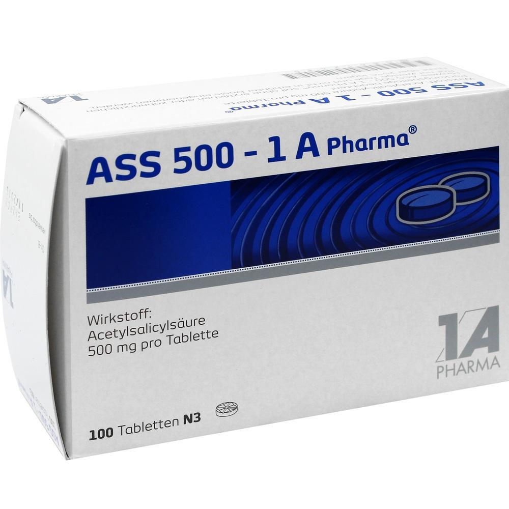 Eine Packung ASS 500-Tabletten von 1 A Pharma mit 100 Stück.