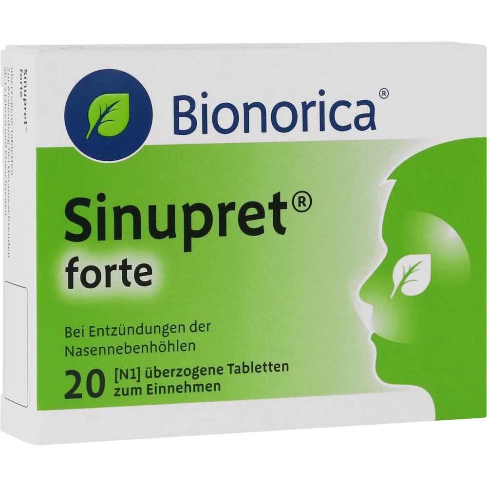 Verpackung von Sinupret forte Tabletten gegen Nasennebenhöhlenentzündung.